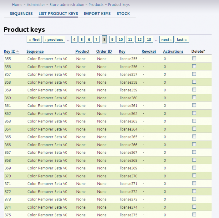 A view of the admin product keys listing.